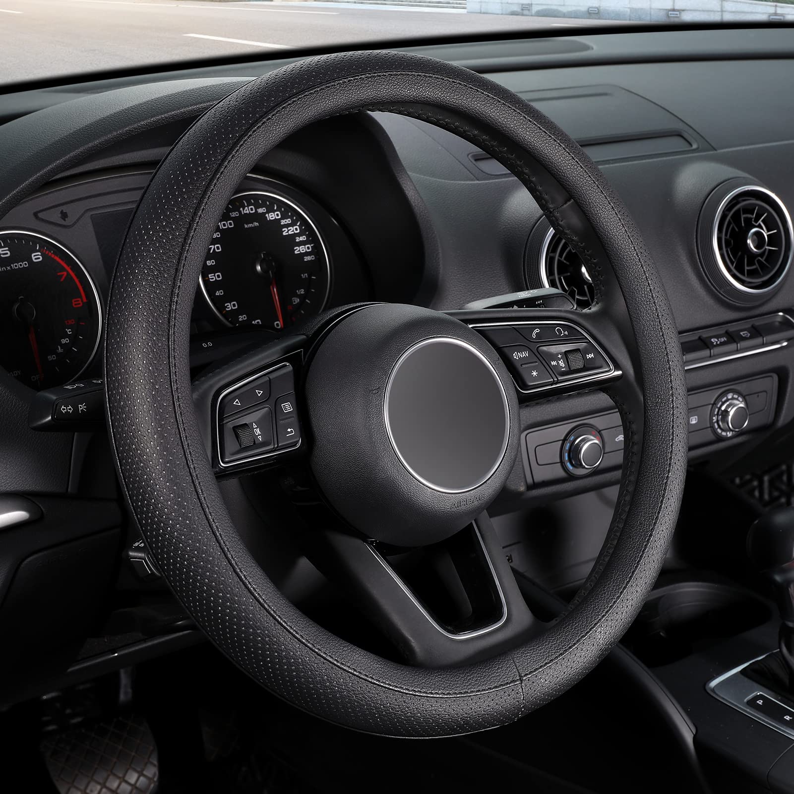 SEG Direct black steering wheel cover 14-14.25 inch fits Prius, Civic, Model 3/Y, enhances grip.