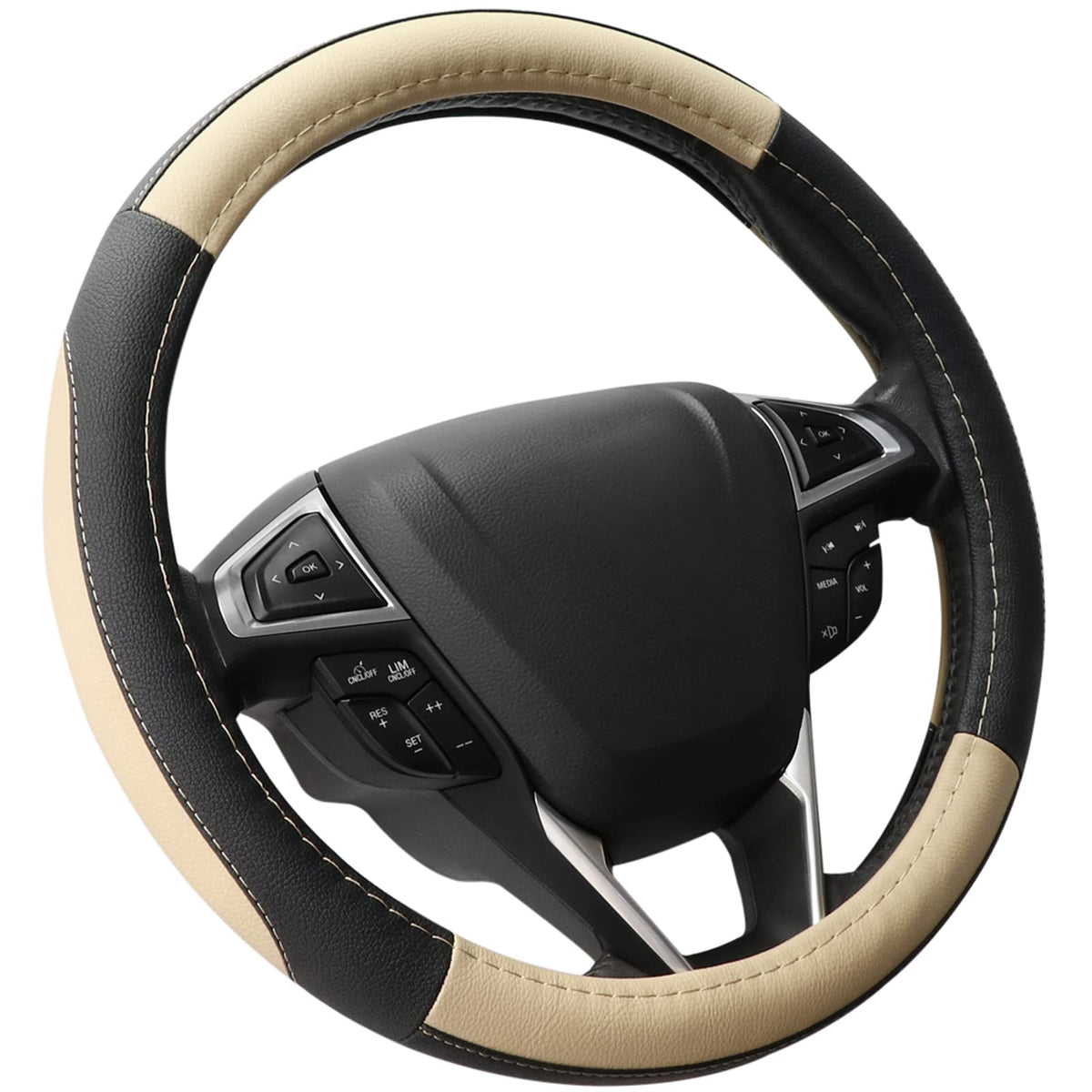 SEG Direct steering wheel cover with black-beige microfiber finish improves grip and comfort.
