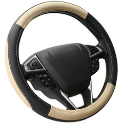SEG Direct steering wheel cover with black-beige microfiber finish improves grip and comfort.