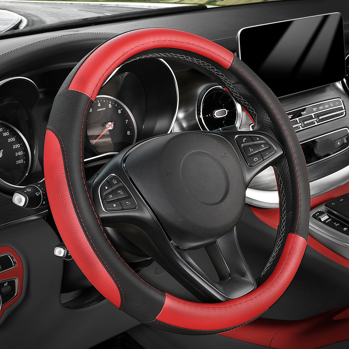 SEG Direct steering wheel cover texture closeup in black-red microfiber for enhanced grip