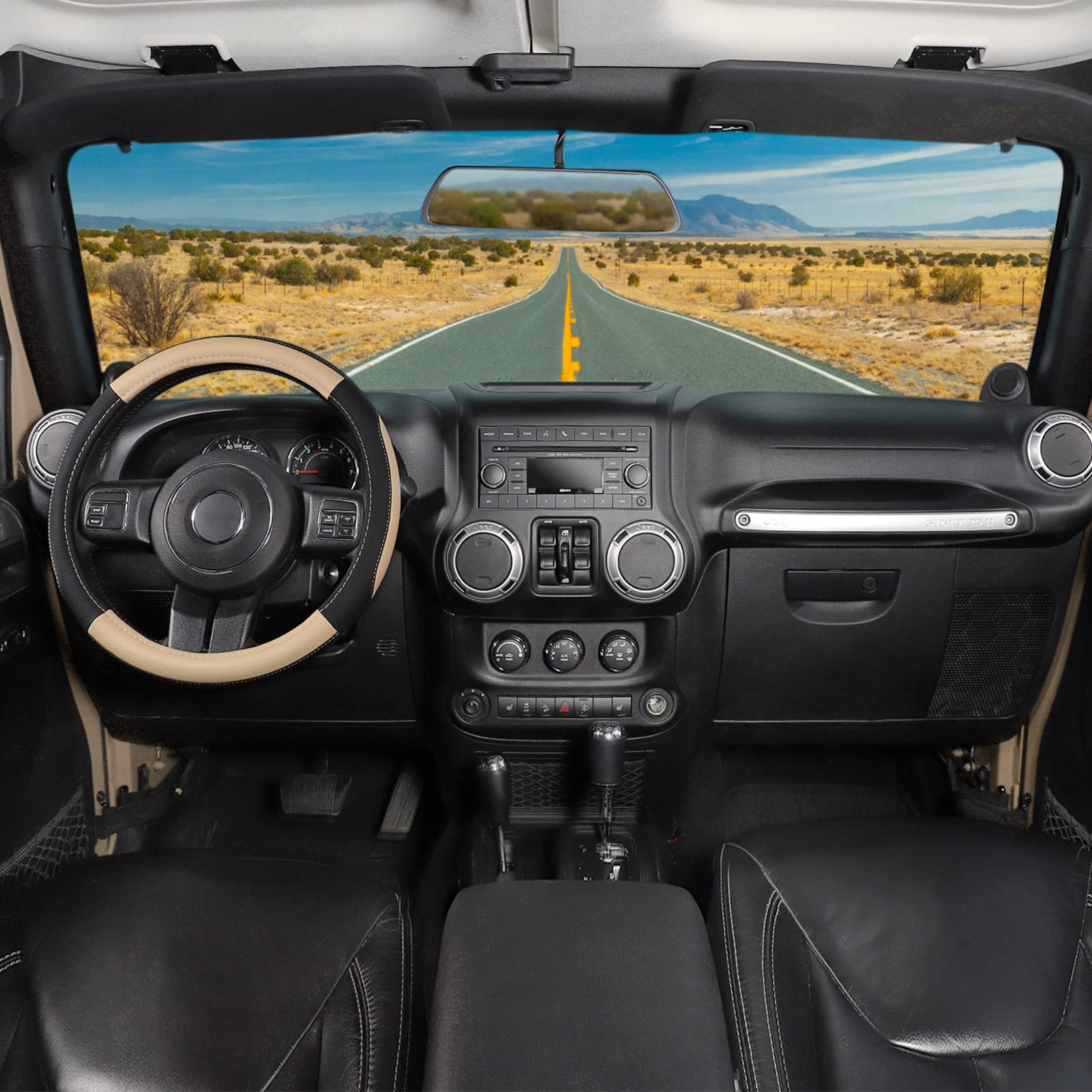 SEG Direct steering wheel cover shows textured stitching for premium interior style.
