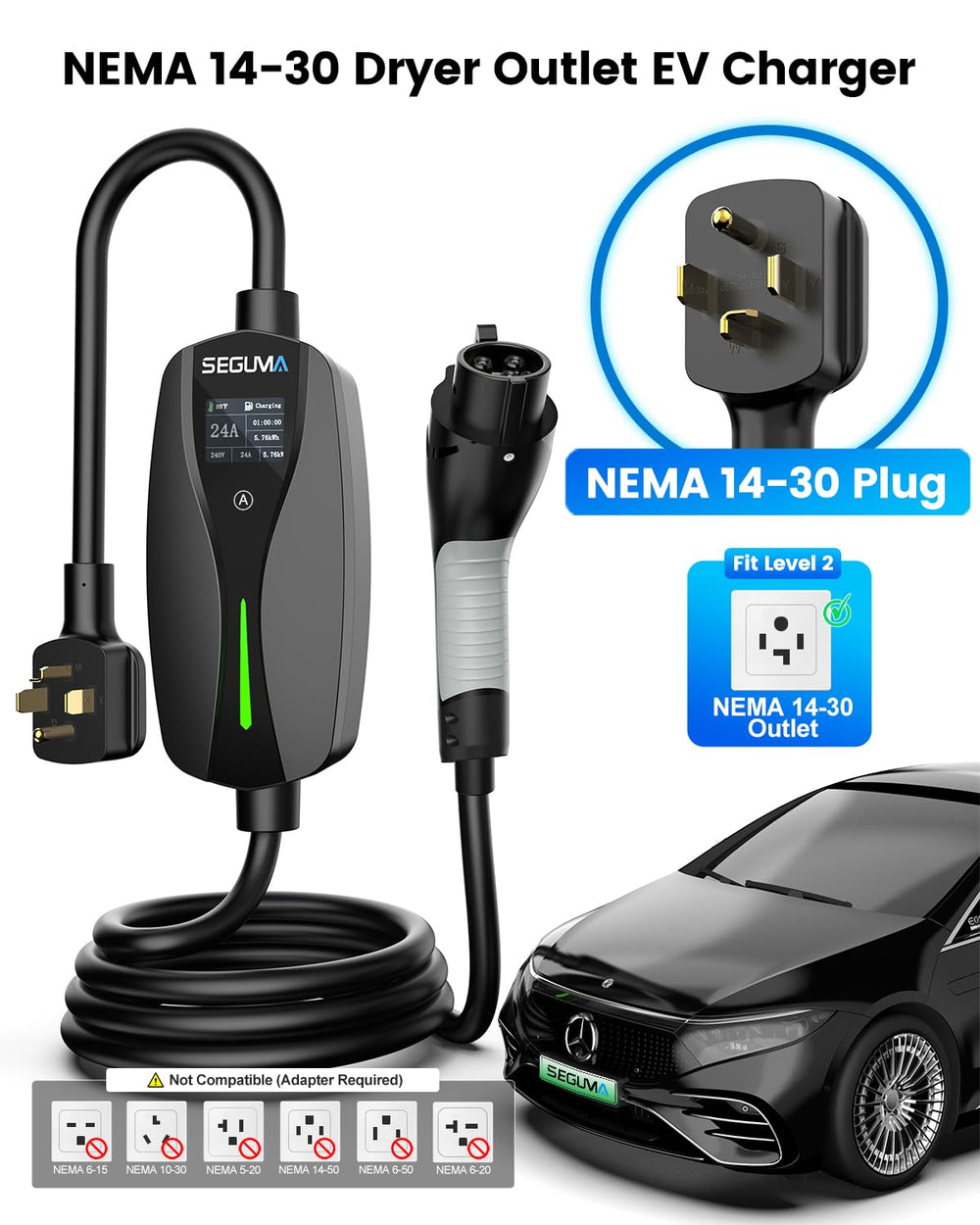 SEGUMA 24A Level 2 EV charger with dryer plug NEMA 14-30 for easy setup.