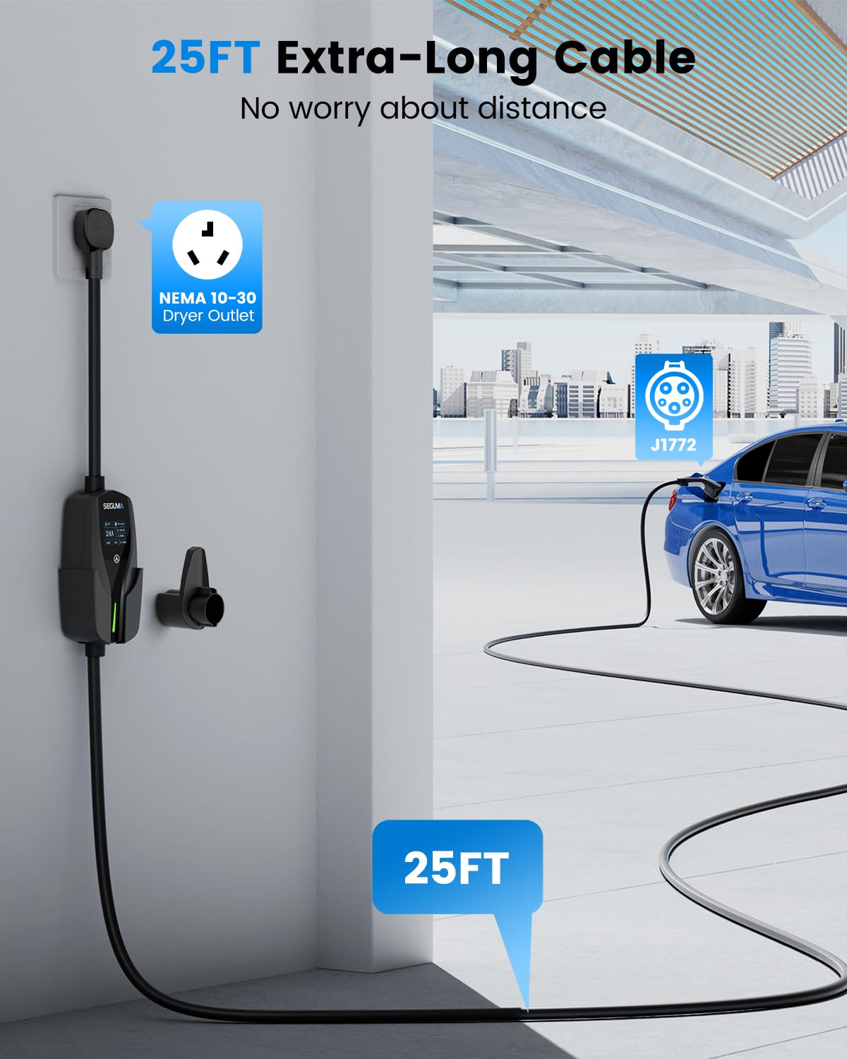 SEGUMA SAE J1772 connector works with most EV models.
