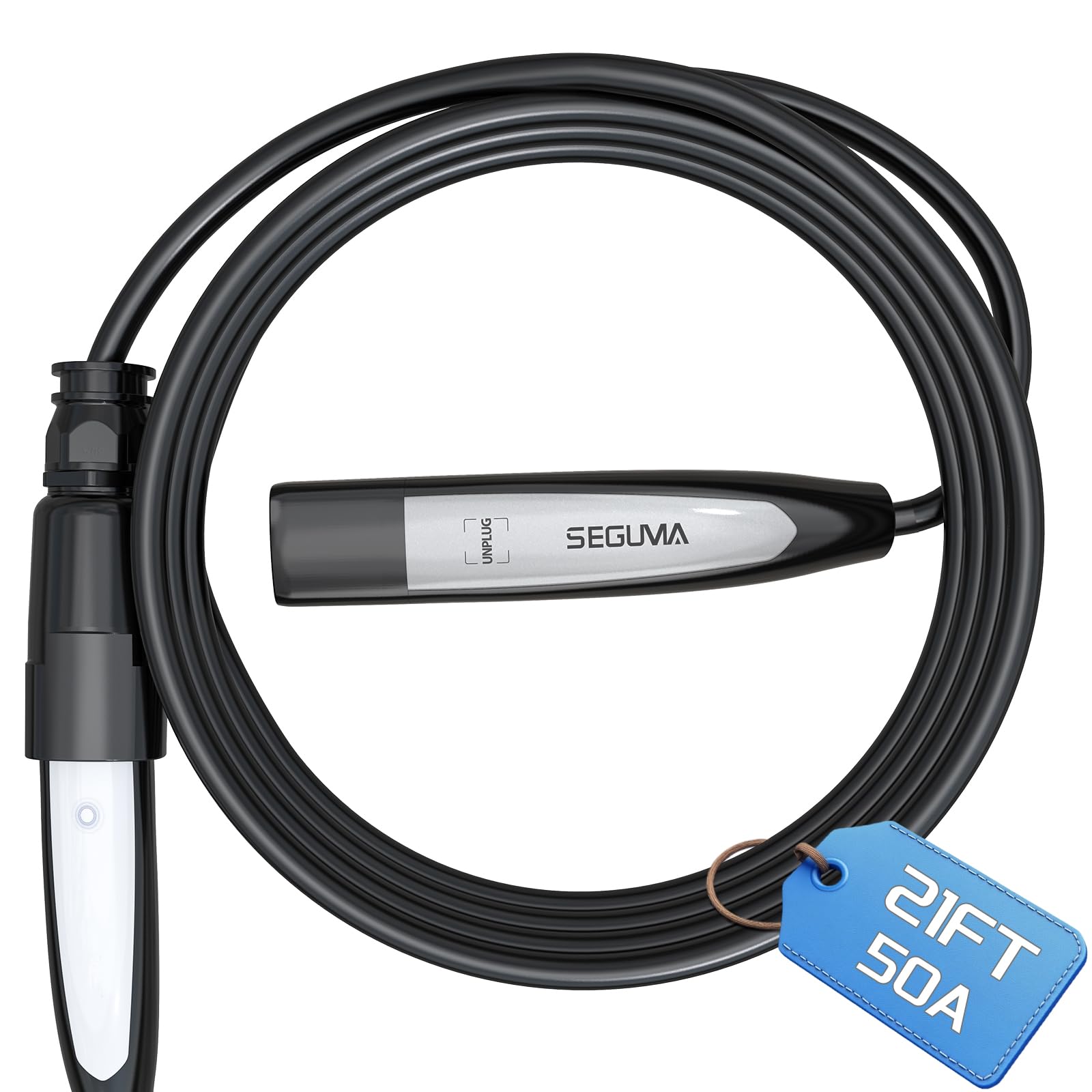 SEGUMA 21ft NACS extension cable close-up showing Tesla connector for charging.