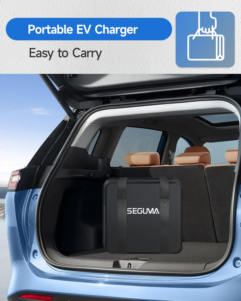 SEGUMA Level 2 EV Charger suitable for home garage setups and outdoor use.