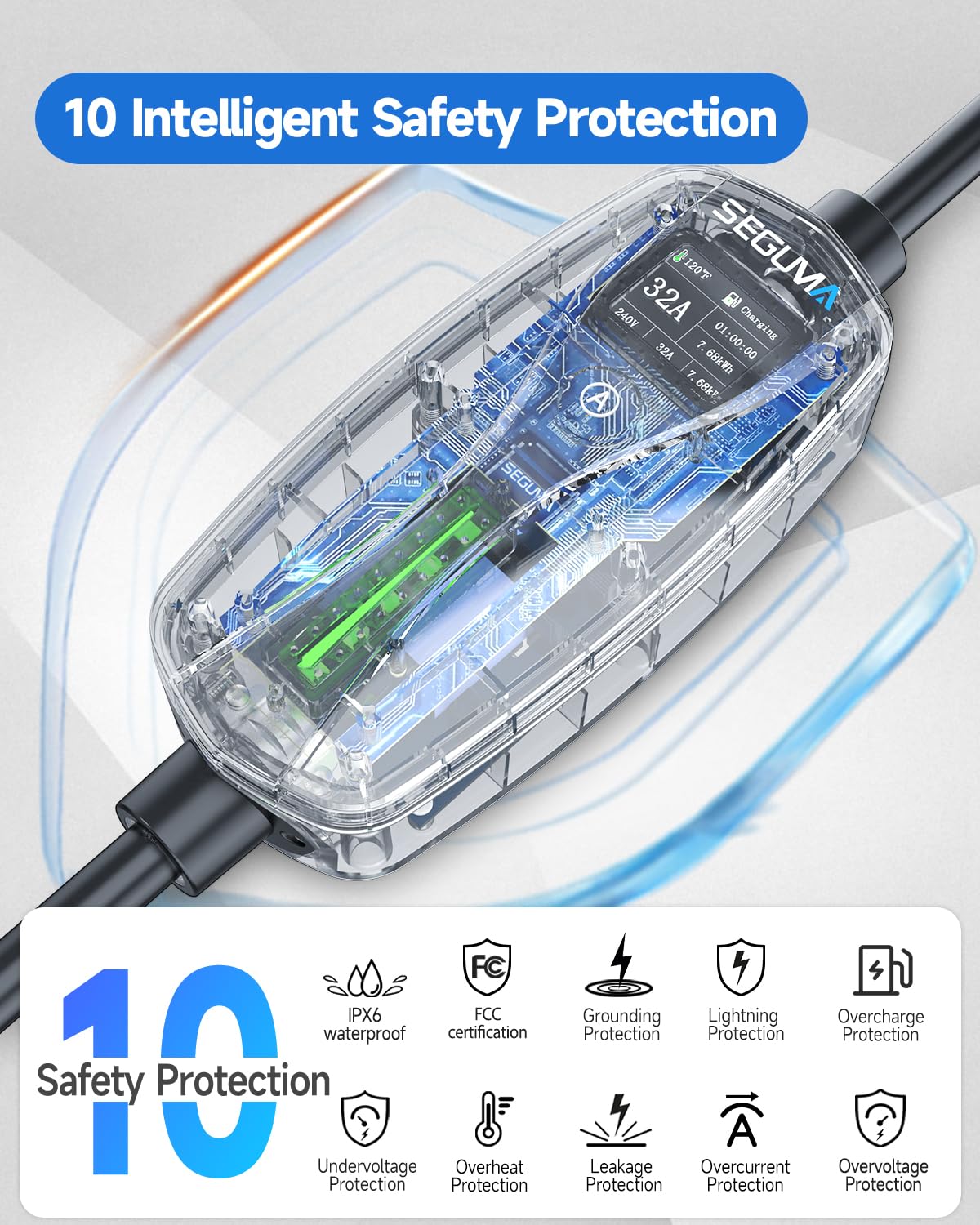 SEGUMA Level 2 EV Charger IP66 outdoor rating for weather-ready charging.