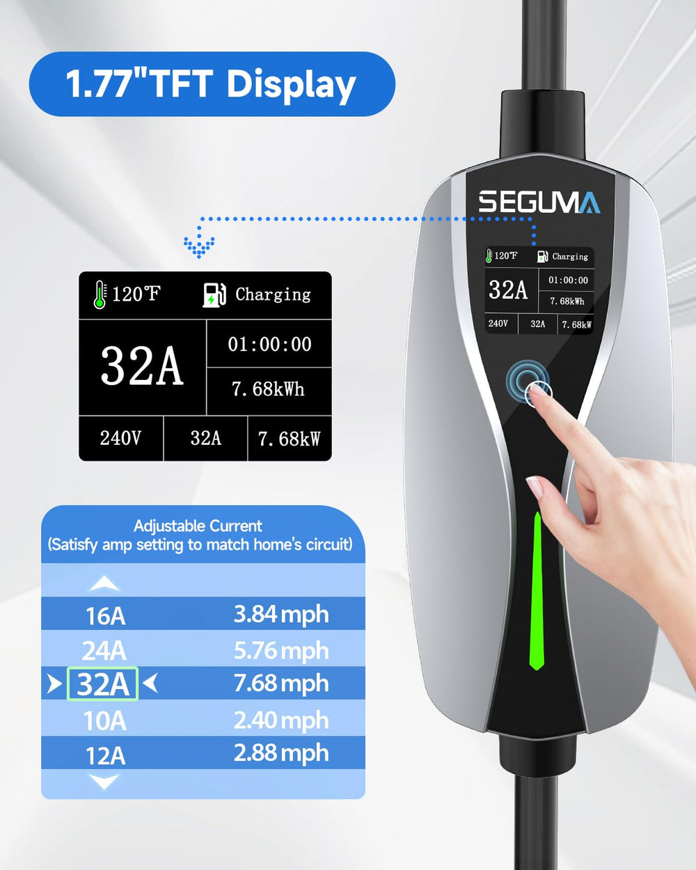 SEGUMA Level 2 EV Charger LED indicators clearly show charging status at a glance.