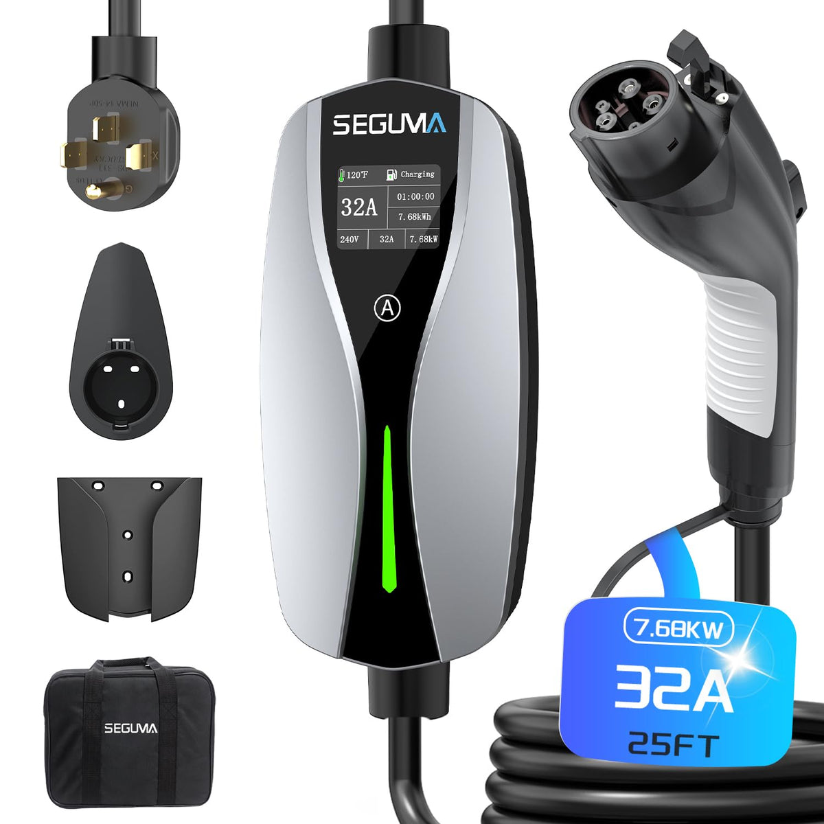 SEGUMA Level 2 EV Charger with NEMA 14-50 plug enabling faster home charging.