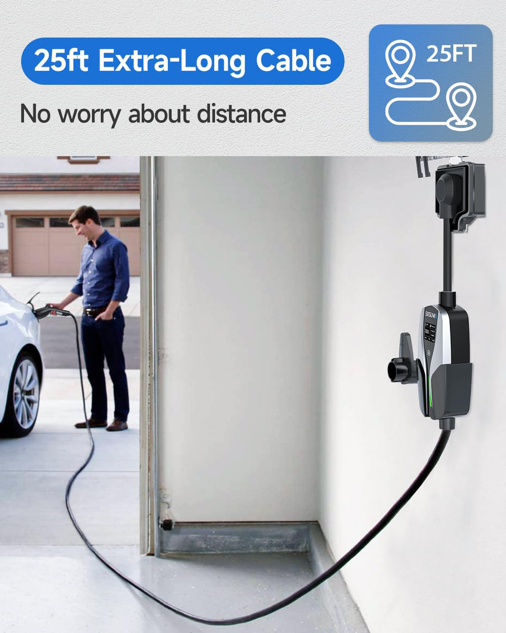 SEGUMA Level 2 EV Charger display shows real-time charging data for better planning.