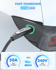 SEGUMA NACS extension cable 50A plug end ready for rapid charging.