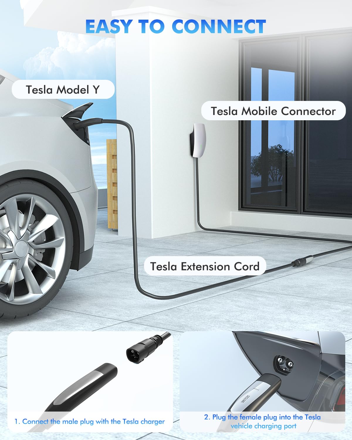 SEGUMA NACS extension cable connected to a Destination Charger for compatibility.
