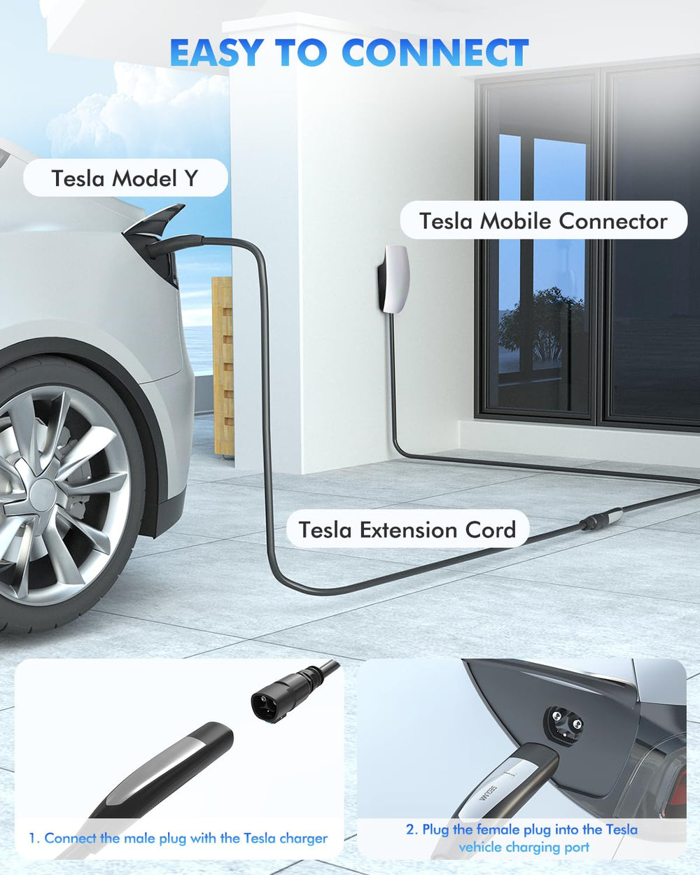 SEGUMA NACS extension cable connected to a Destination Charger for compatibility.