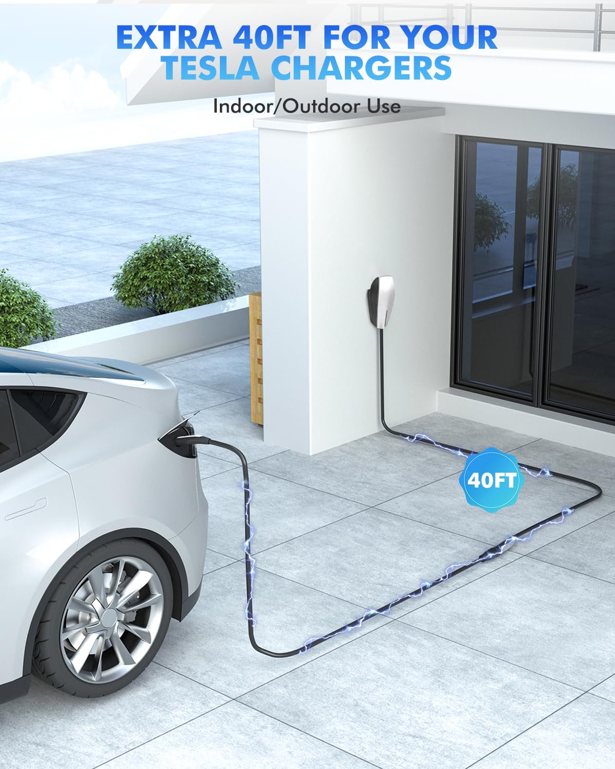 SEGUMA NACS extension cable outdoors with IP66 weatherproof design.