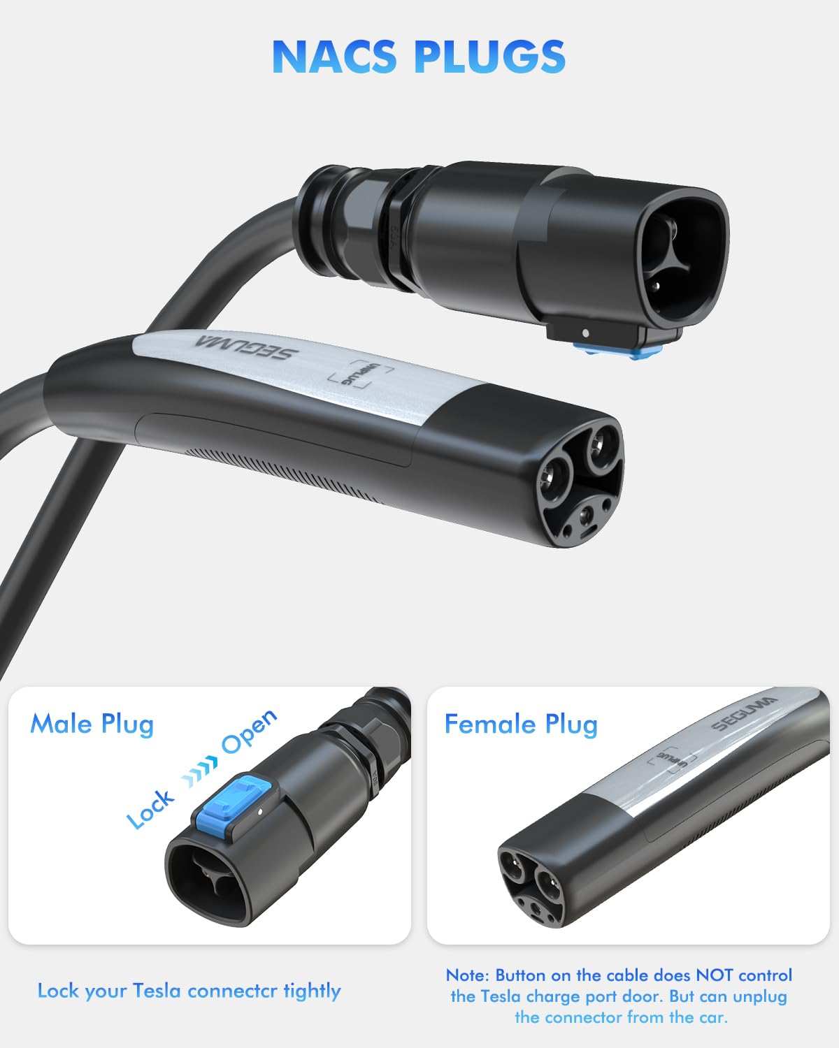 SEGUMA NACS extension cable close-up on UL94 V-0 material.