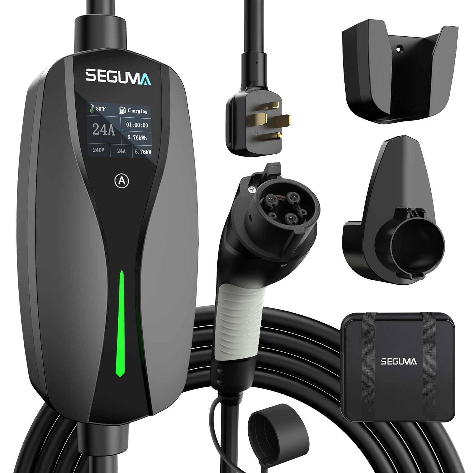 SEGUMA NEMA 14-30 level 2 EV charger front view for garage charging convenience.