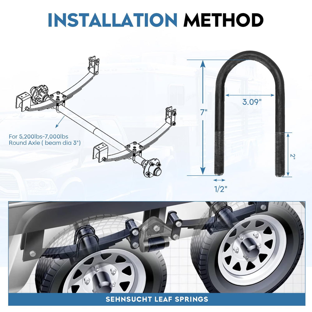 SEHNSUCHT 3000lb capacity leaf spring highlights load-bearing capability.