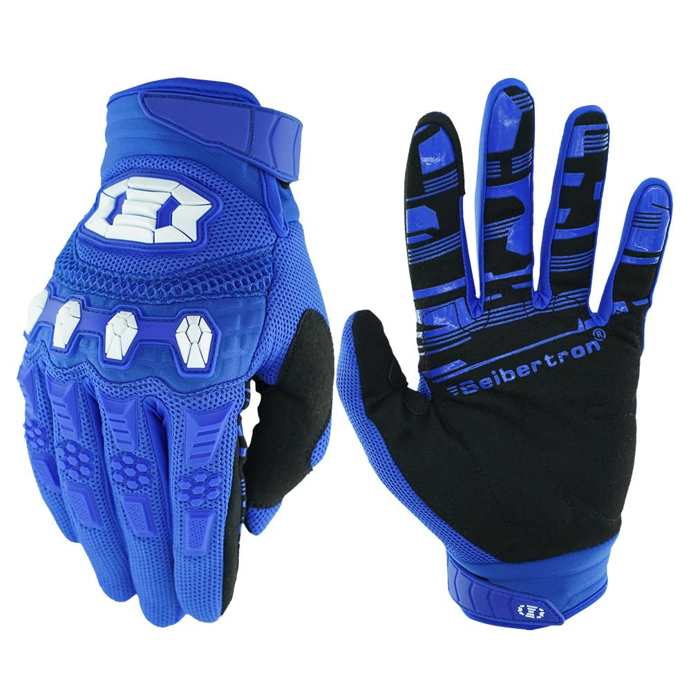Seibertron blue MX ATV gloves protect the back of the hand during rugged rides.