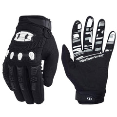 Seibertron MX ATV gloves in black on hand for secure grip and full-finger touch control.