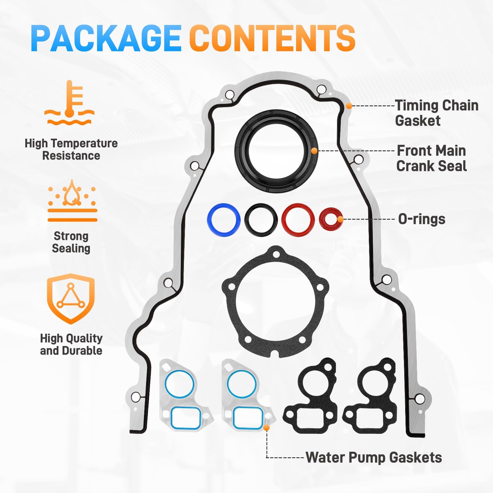 Sejaede timing cover gasket kit components laid out for easy identification and use.