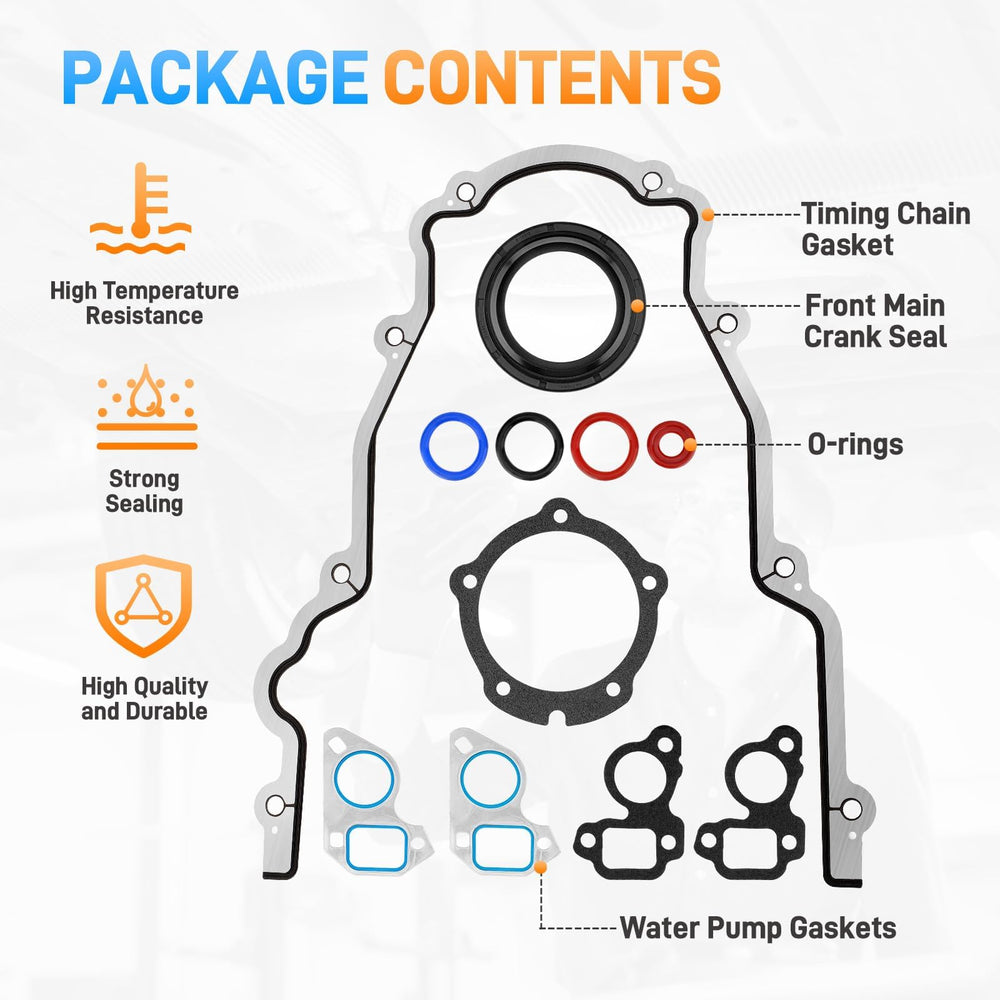 Sejaede timing cover gasket kit components laid out for easy identification and use.