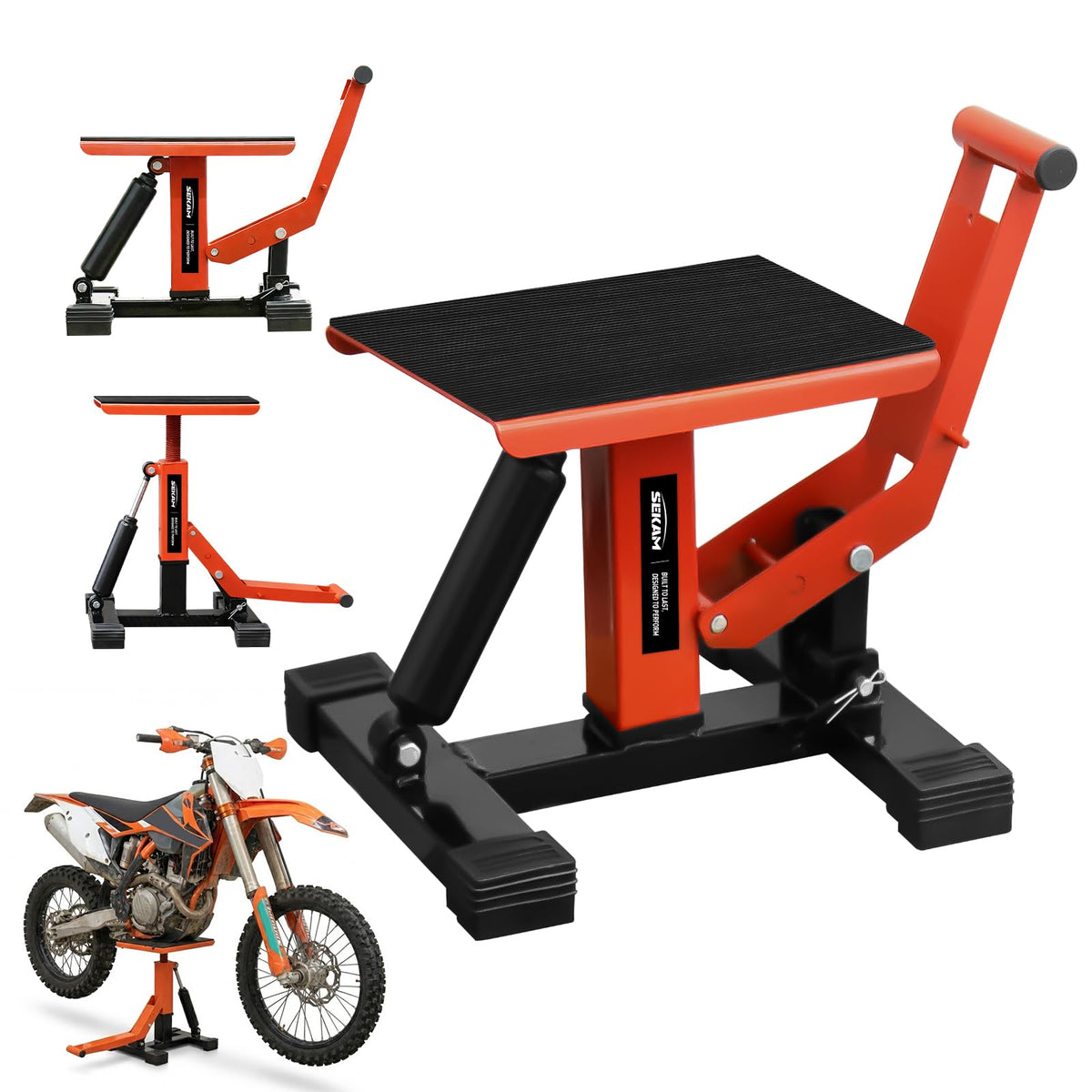 SEKAM dirt bike stand with sturdy base for stable lifting and maintenance.