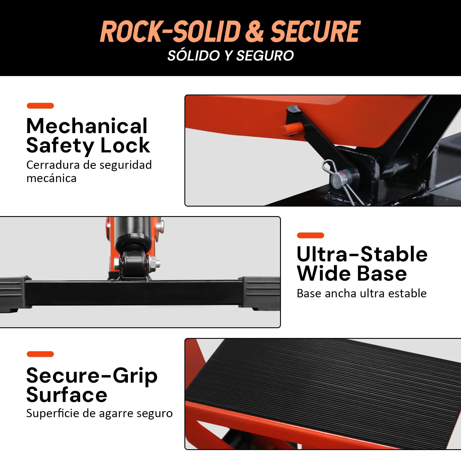 SEKAM dirt bike stand with safety lock prevents accidental lowering during service.
