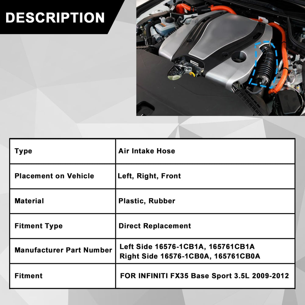 Sekeseauto 3.5L air cleaner hose, front-right view, installation-ready design.