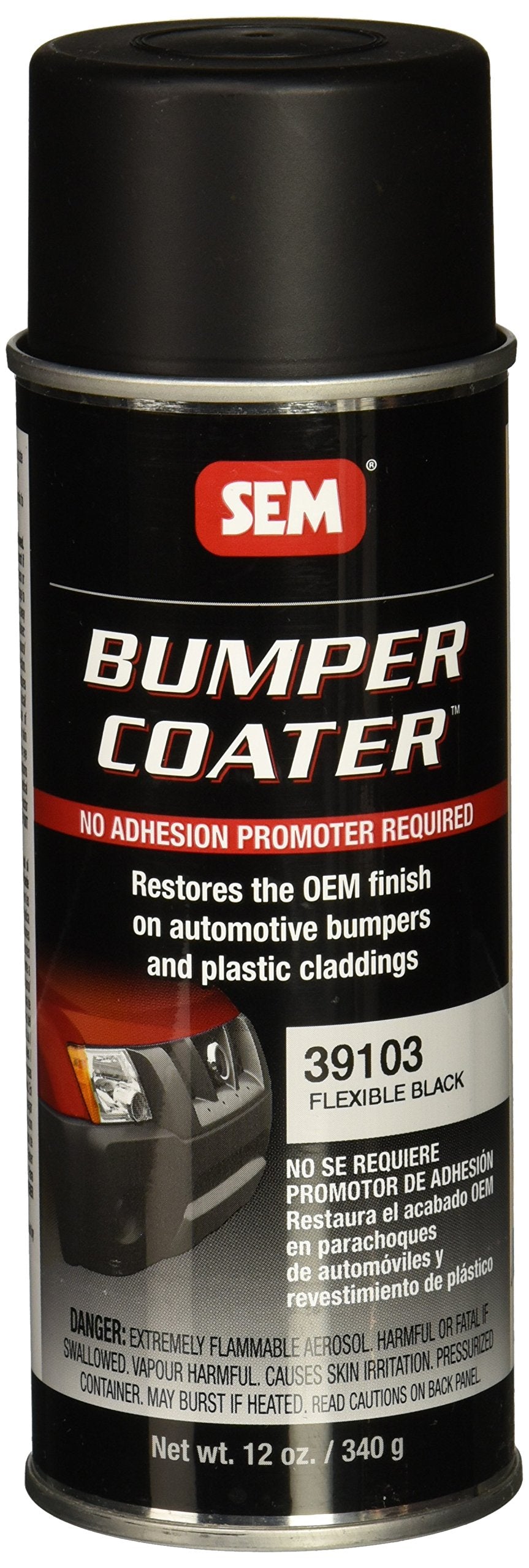 SEM 39103 black original flexible bumper coater aerosol can restores factory-like bumper finish.