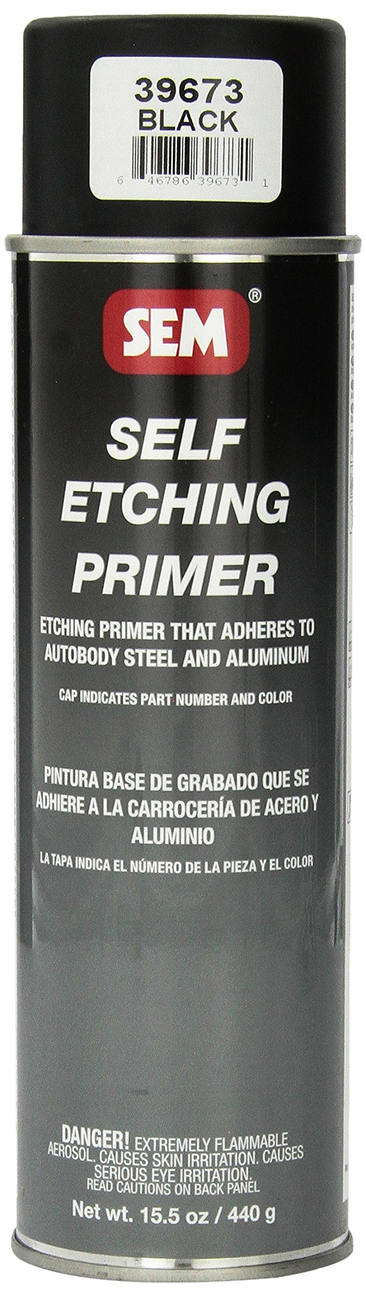 SEM 39673 black self-etching primer bottle provides strong adhesion for bare substrates