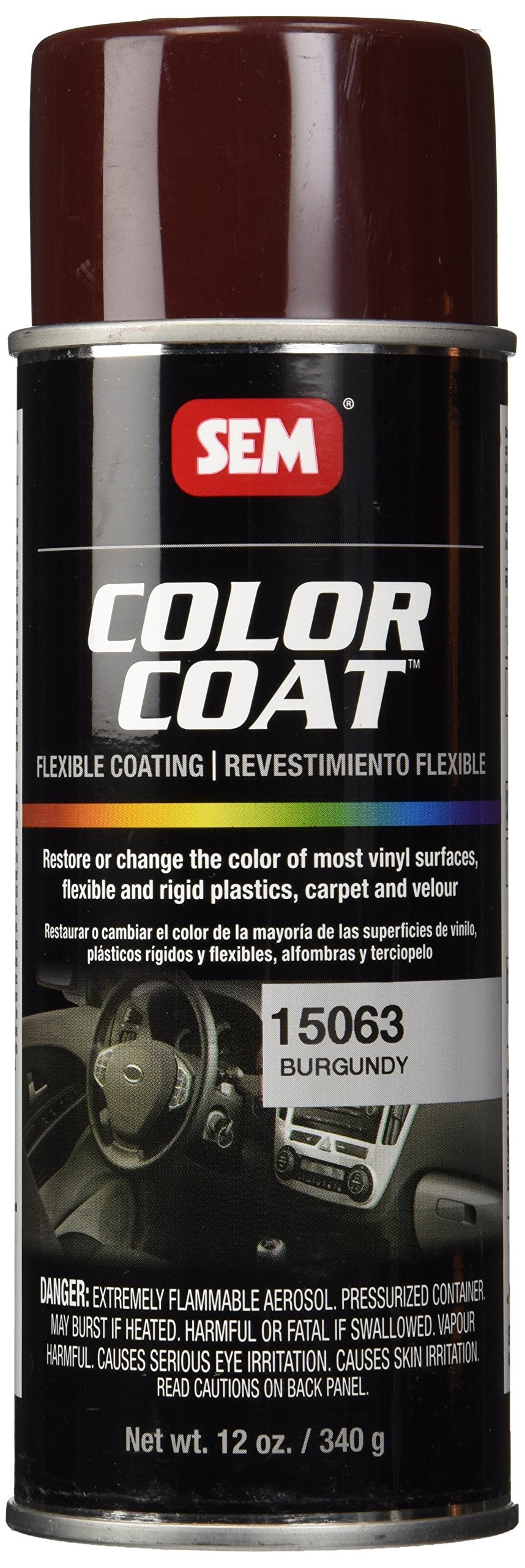SEM Burgundy Color Coat bottle 12 oz shows fade-resistant coating for vinyl, plastics, and fabrics.
