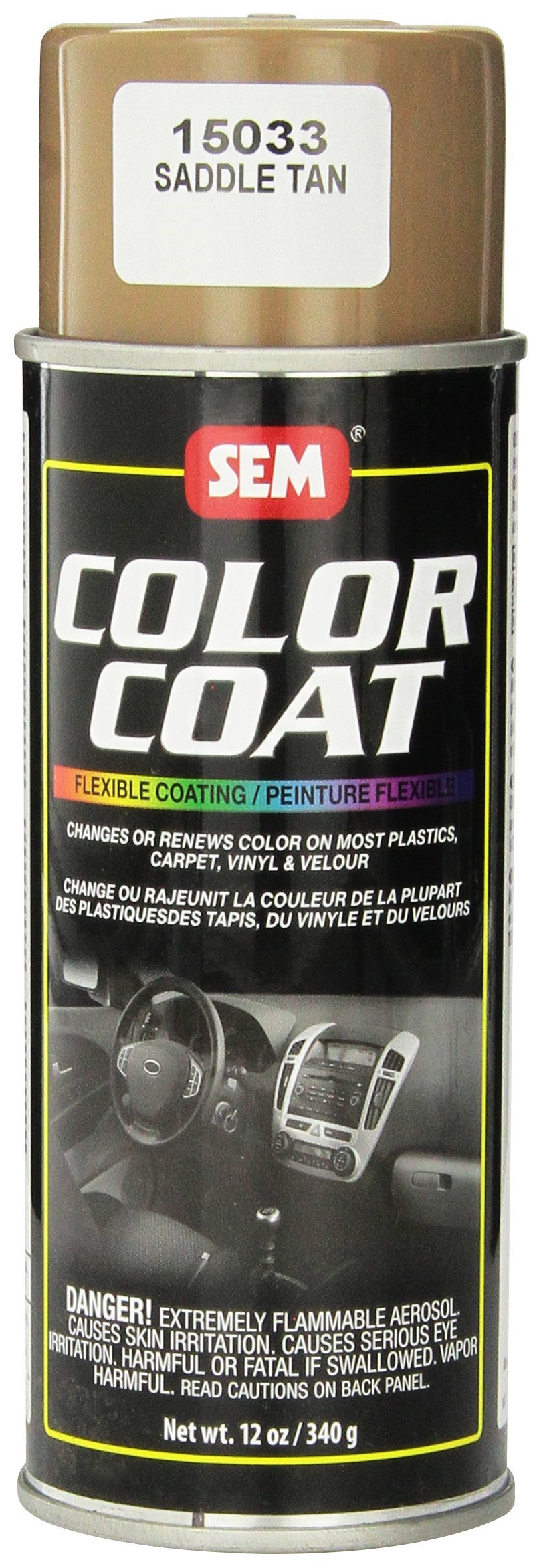 SEM Color Coat Saddle Tan bottle for fade-resistant coating on vinyl, plastic, and upholstery