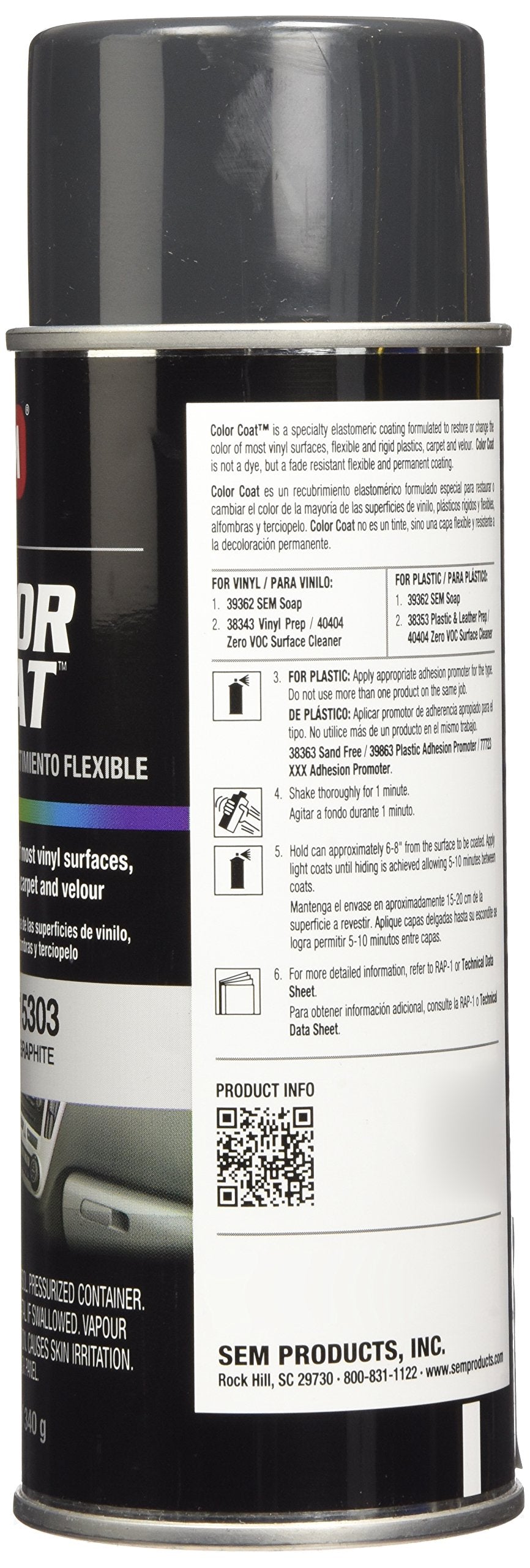 SEM Graphite Color Coat label shows product details and usage notes.