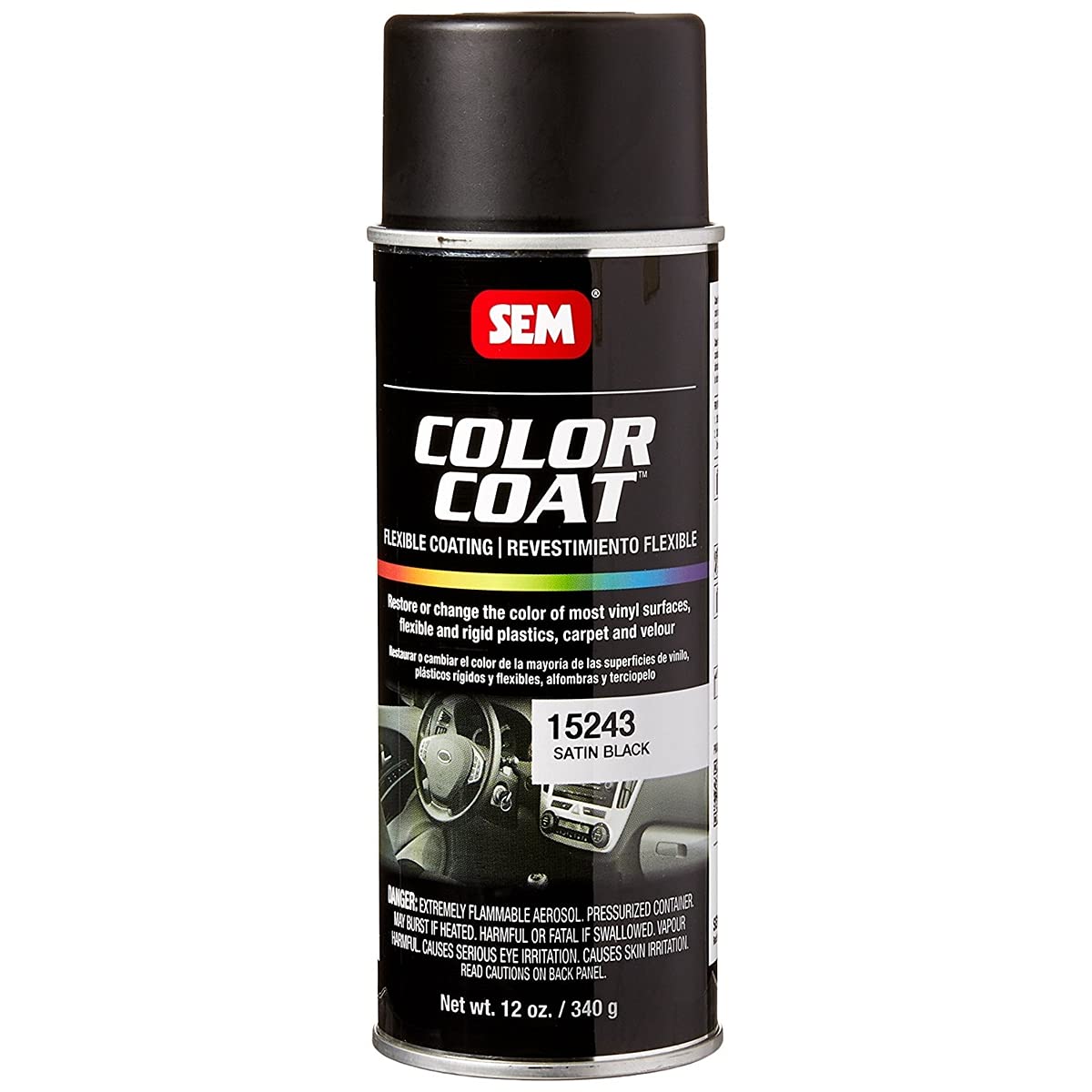 SEM Paints SEM15243 satin black color coat aerosol for vinyl, plastic, and upholstery