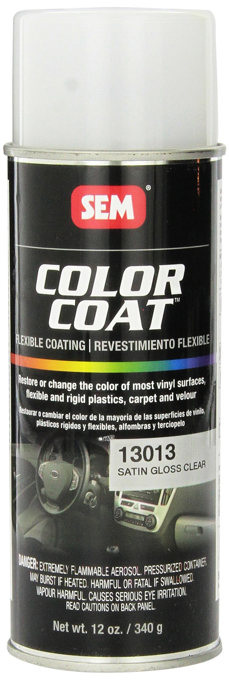 SEM satin clear color coat 12oz bottle delivers satin finish and protection for refinished vinyl and plastic