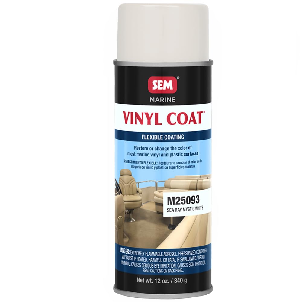 SEM Vinyl Coat Sea Ray Mystic White 12oz can spray enables even coating on plastic surfaces.