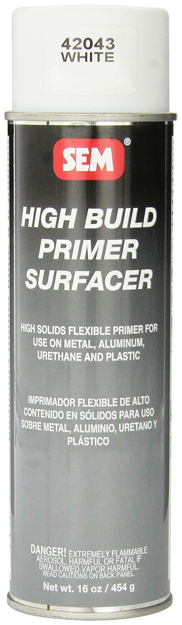 SEM White High Build Primer 16 oz coat for automotive metal priming and improved surface adhesion.
