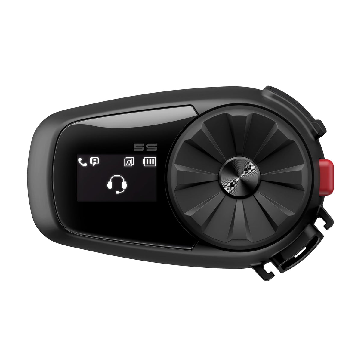 Sena 5S on helmet with LCD display showing status for riders