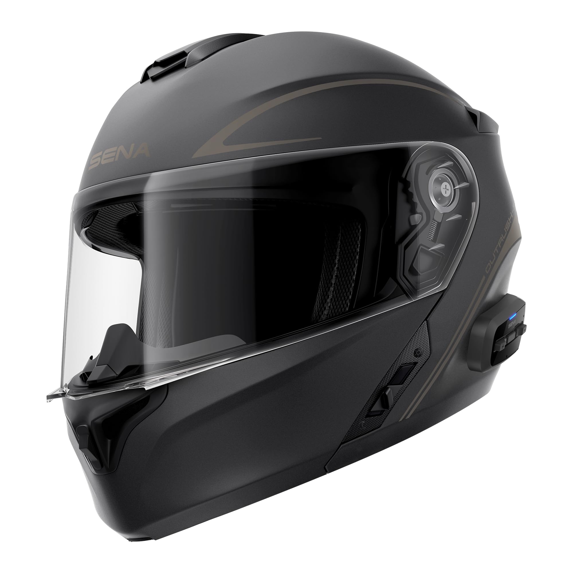 Sena Outrush R helmet front view in matte black for clear rider communication