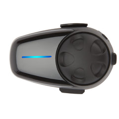Sena SMH10-10 headset mounted on helmet enabling hands-free communication for riders.