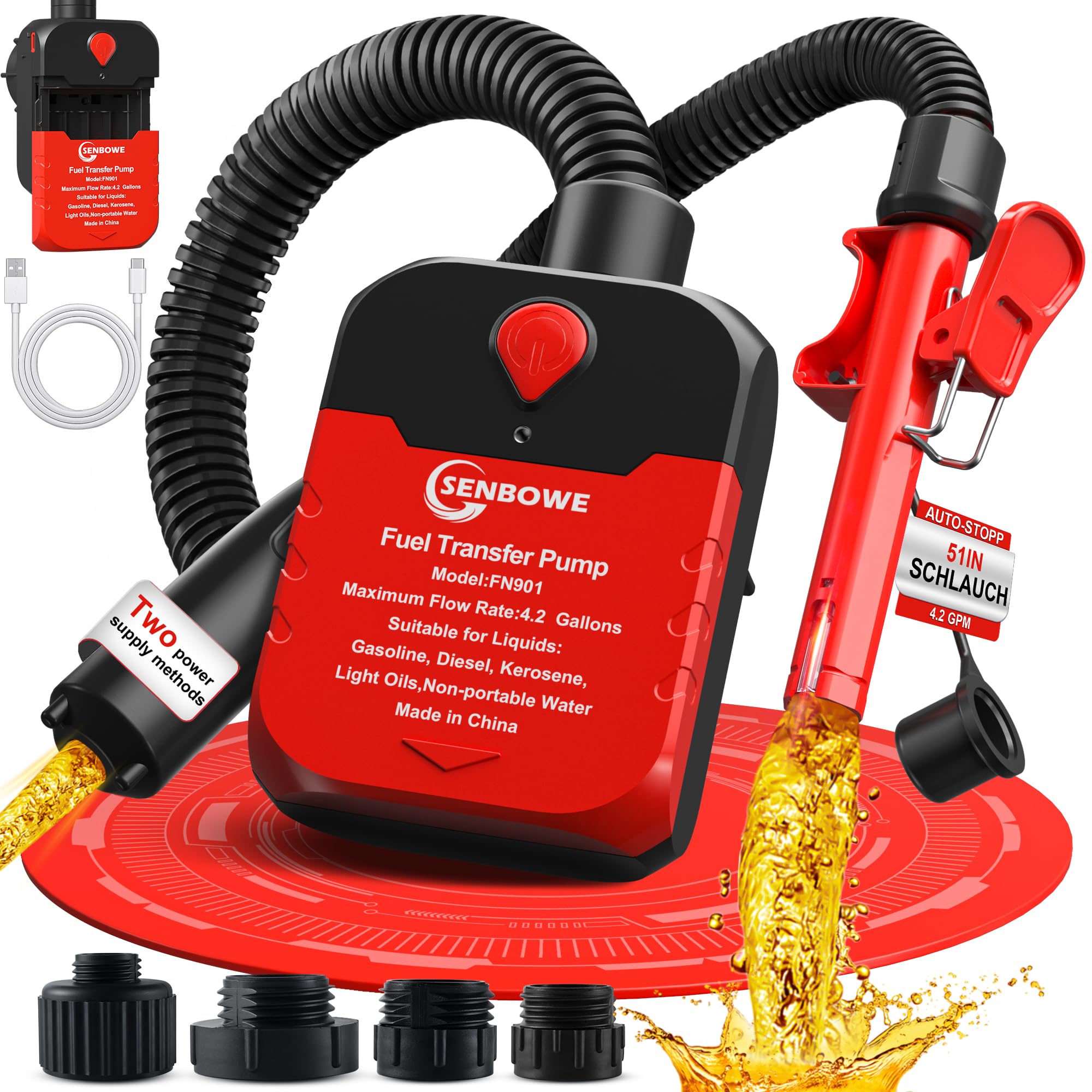 SENBOWE automatic fuel transfer pump body shown for spill-free refueling