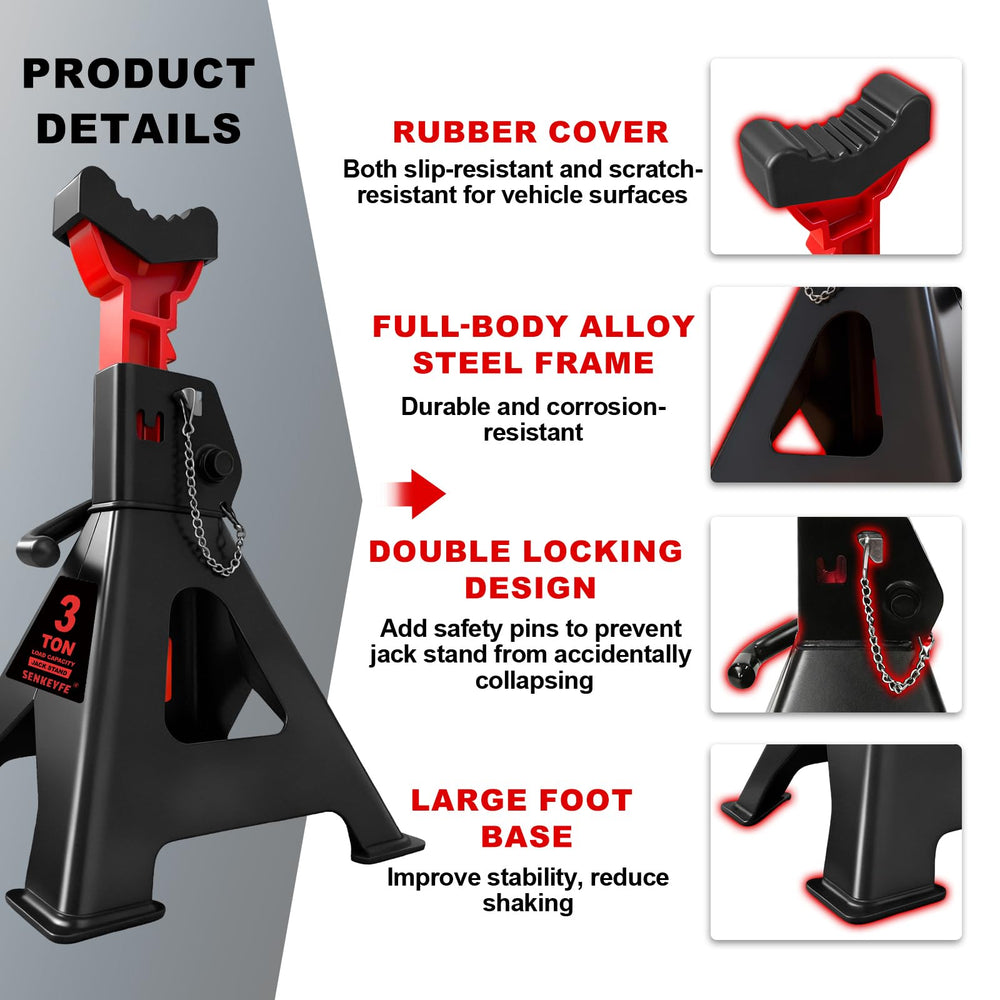SENKEYFE jack stand with double pin locking secures height during maintenance.