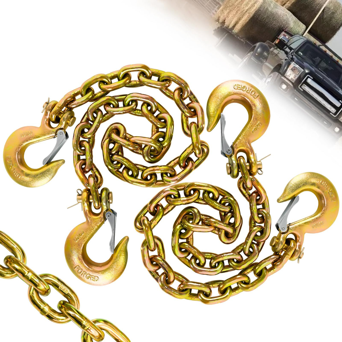 SENKEYFE 3/8 in trailer safety chains with clevis hooks, 36 in, yellow galvanized finish for heavy towing.