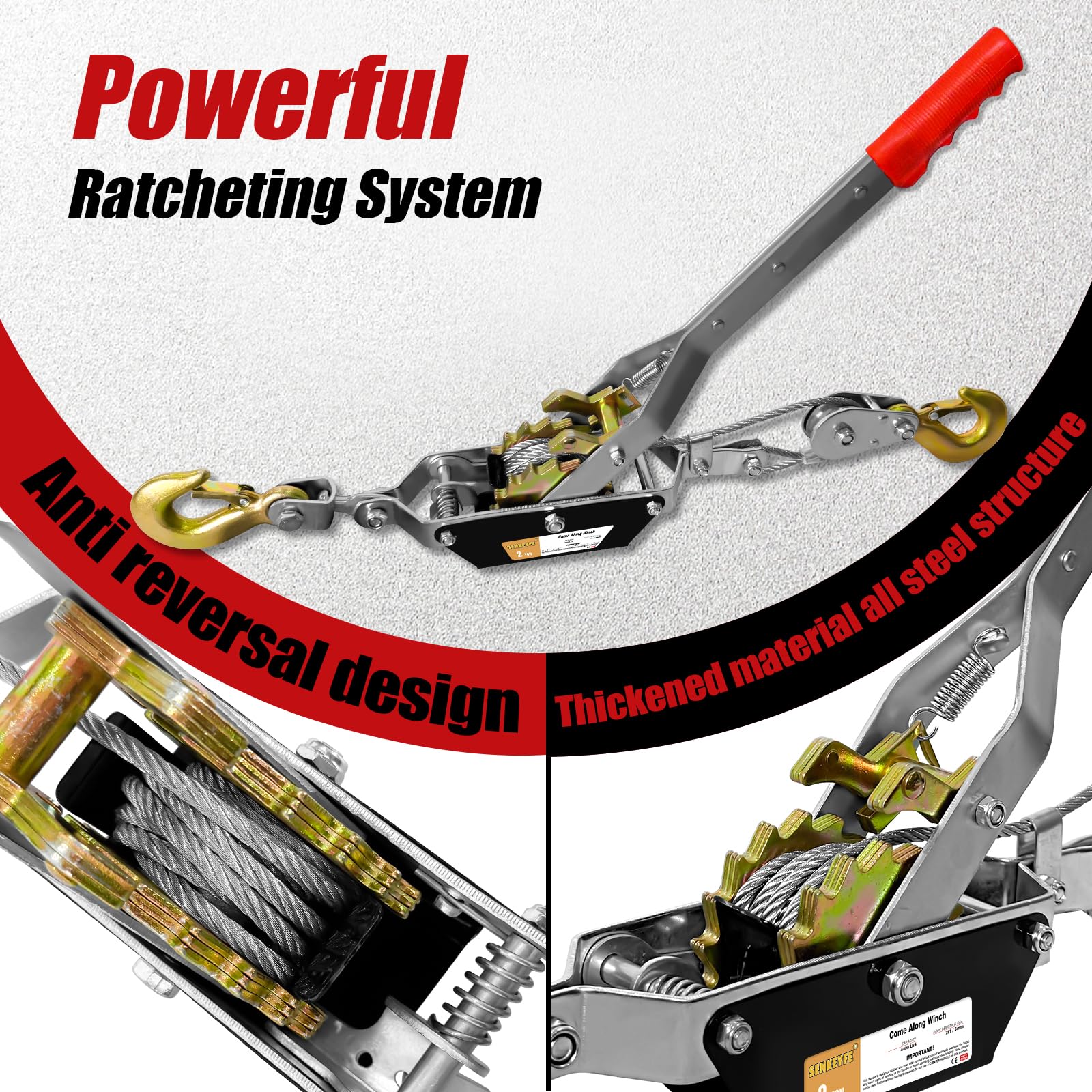 SENKEYFE winch with two hooks and safety latches for secure operation