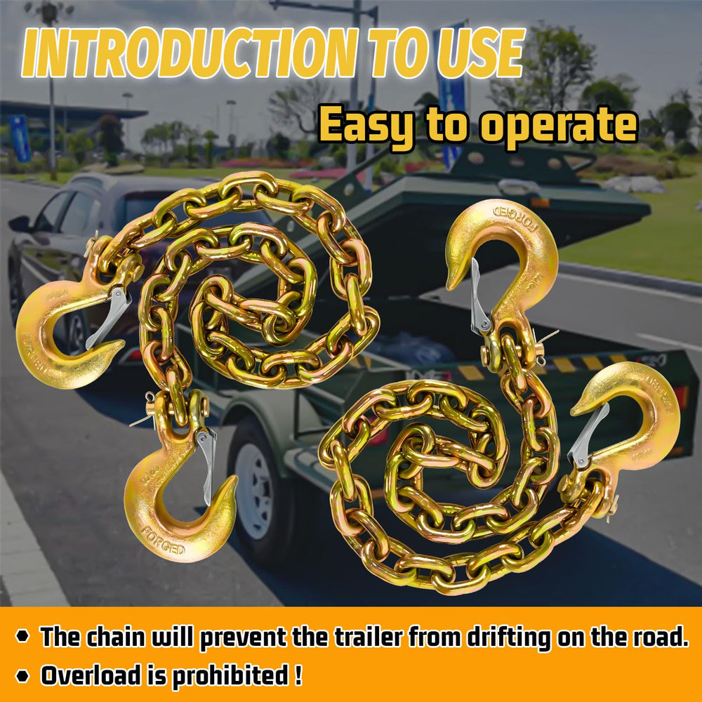 Dual Clevis hooks on SENKEYFE trailer chains for secure towing connections.