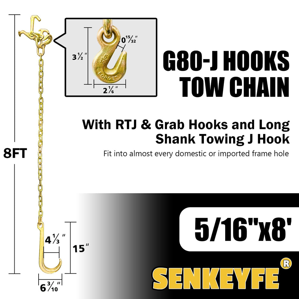 SENKEYFE G80 tow chain with J and grab hooks; versatile hook assembly for towing