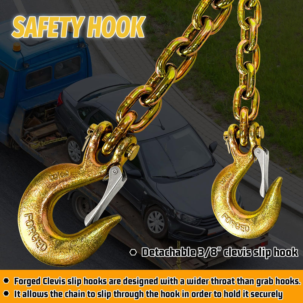 Fully welded SENKEYFE 3/8 in trailer chains for secure load attachment.