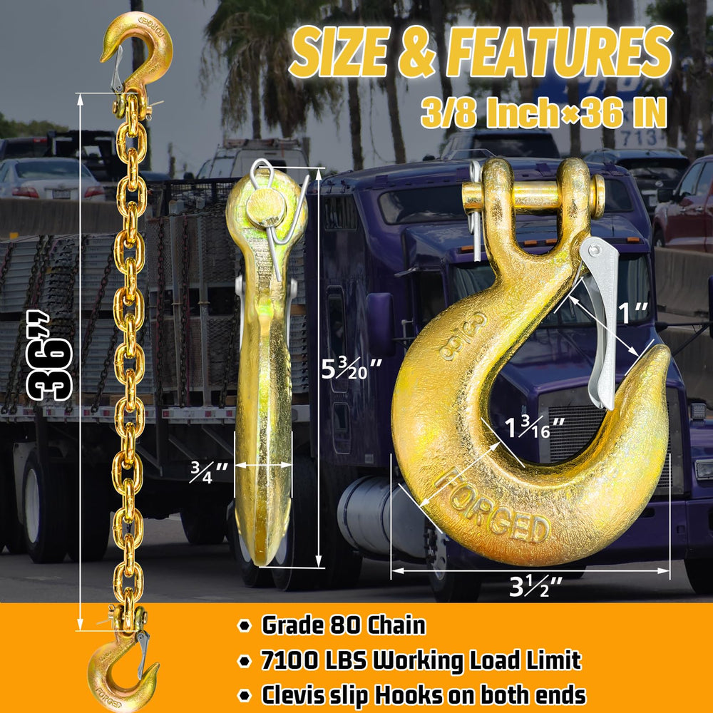 SENKEYFE trailer chains with clevis hooks close-up highlighting galvanized safety finish.