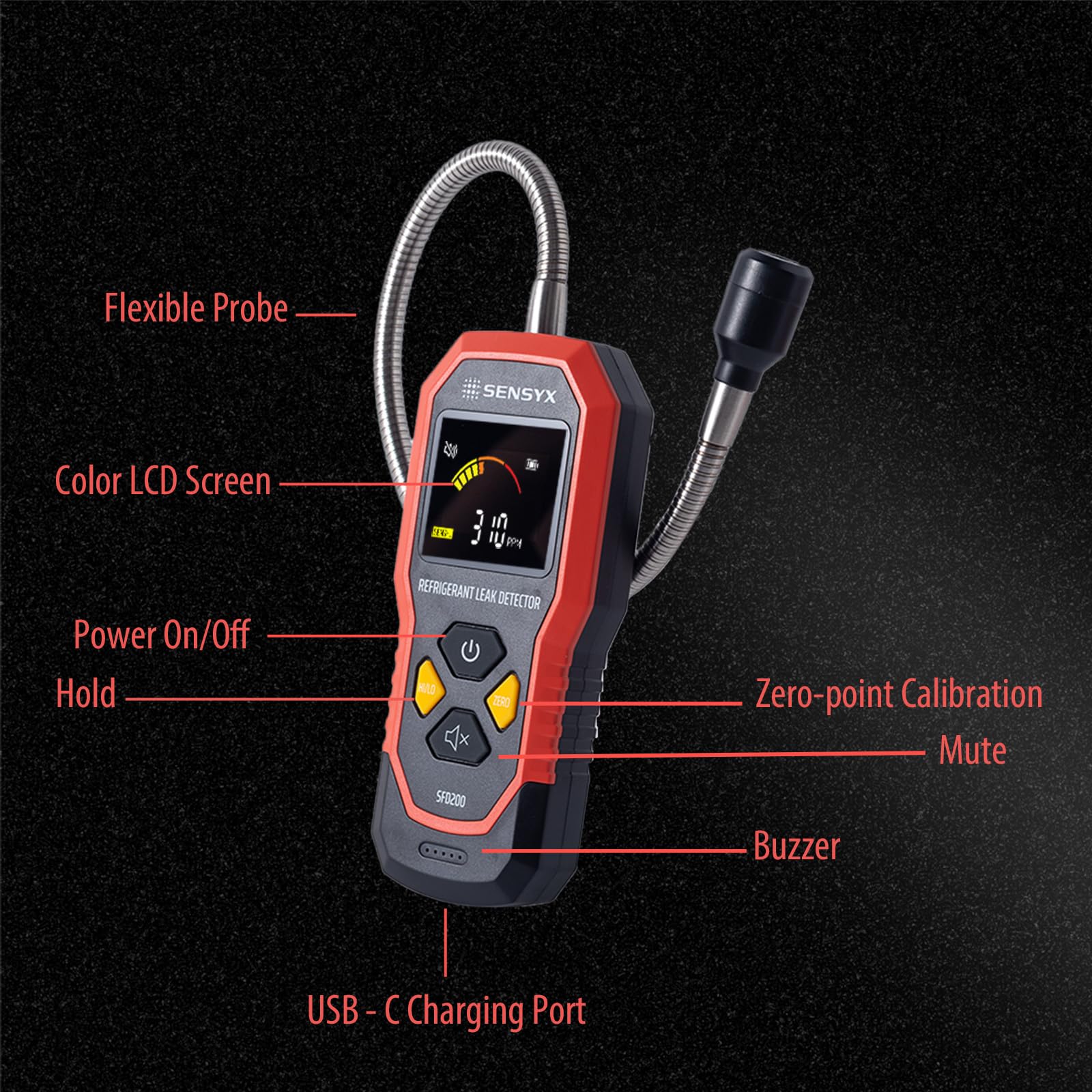 SENSYX SFD200 large color LCD screen for easy leak reading.