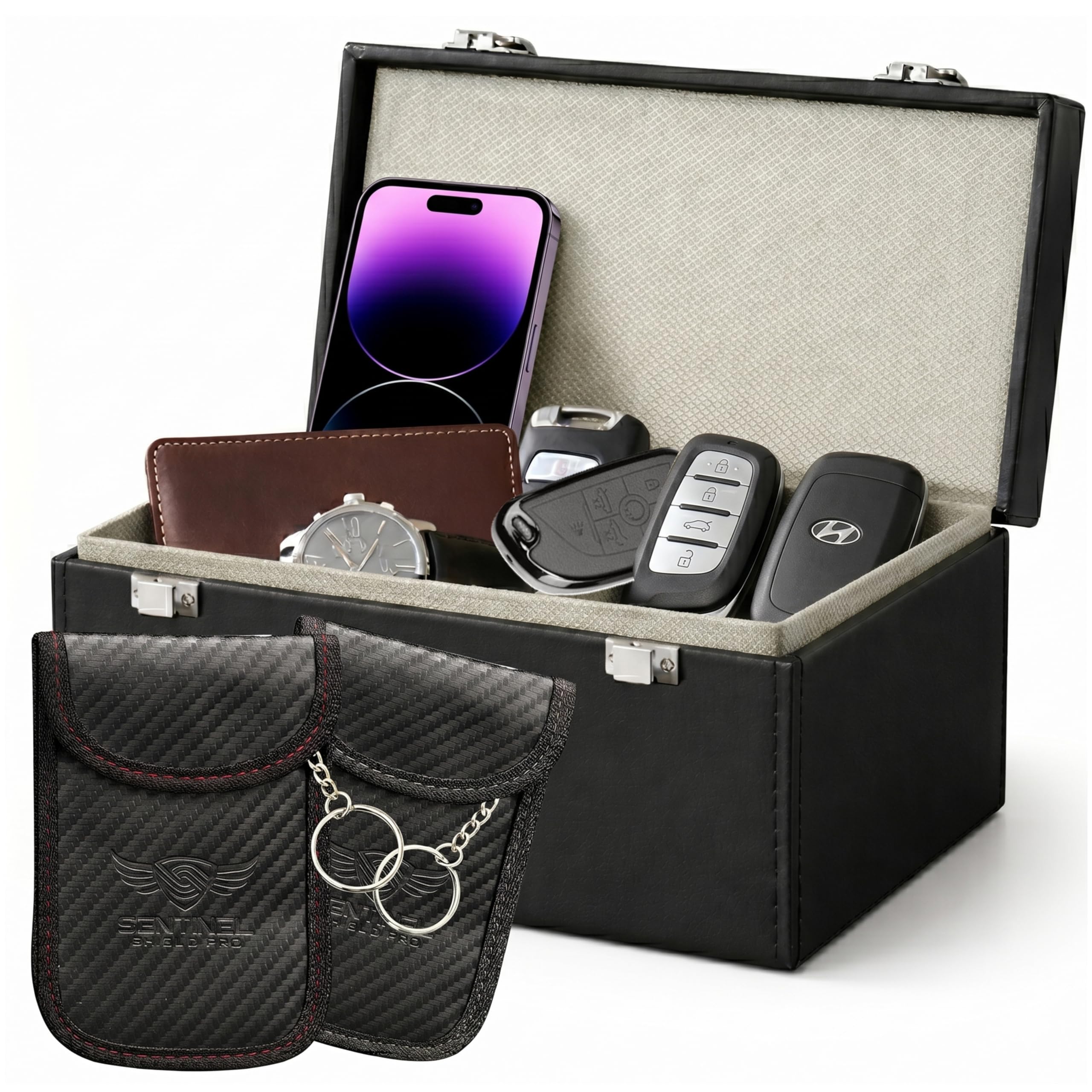 Sentinel Shield Pro faraday box closeup showing premium materials and full signal shielding.