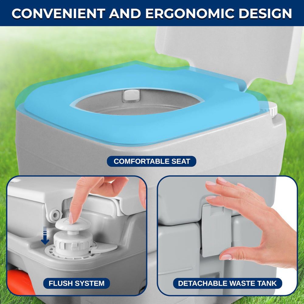 SereneLife portable toilet flush button for home-like cleaning on the go.